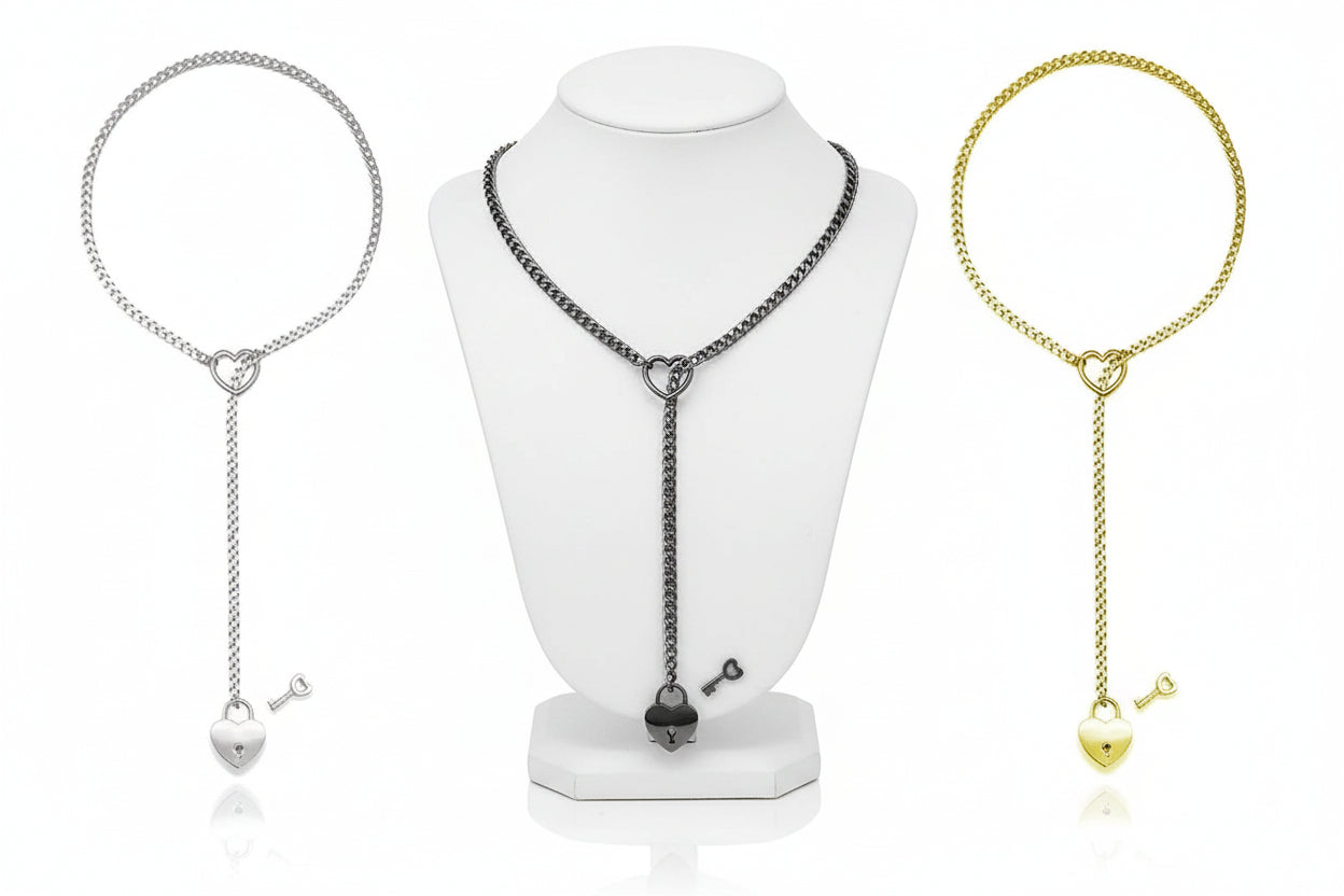 Adjustable Heart O-Ring Punk Rock Cuban Chain Necklace – Lariat Y-Style Necklace with Key & Heart Lock Pendant