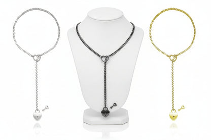 Adjustable Heart O-Ring Punk Rock Cuban Chain Necklace – Lariat Y-Style Necklace with Key & Heart Lock Pendant